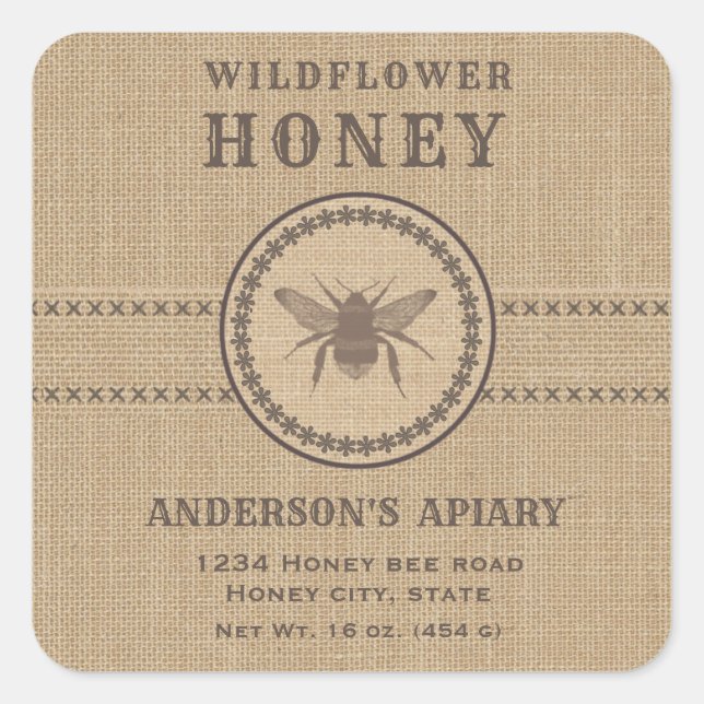 Vintage linen rustic  bee honey jar label (Front)