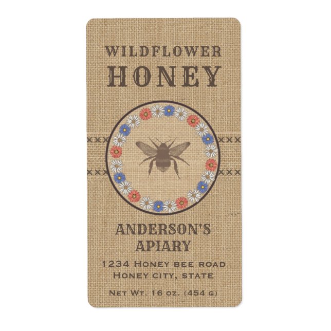 Vintage linen rustic  bee honey jar label (Front)
