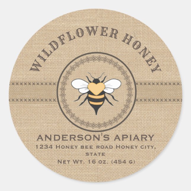 Vintage linen rustic  bee honey jar label (Front)