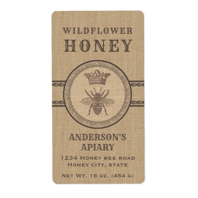 Vintage linen rustic queen bee honey jar label (Front)