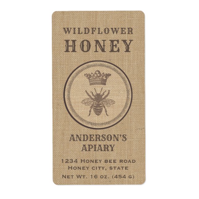 Vintage linen rustic queen bee honey jar label (Front)