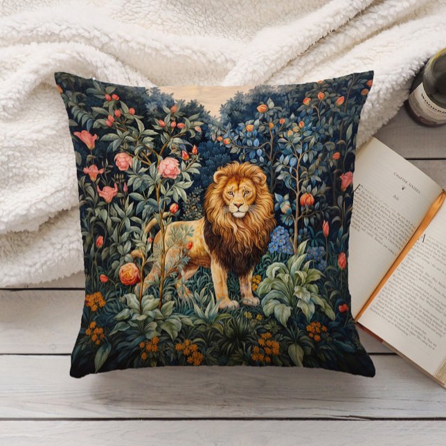 Vintage Lion Botanical Floral Jungle Throw Pillow (Creator Uploaded)
