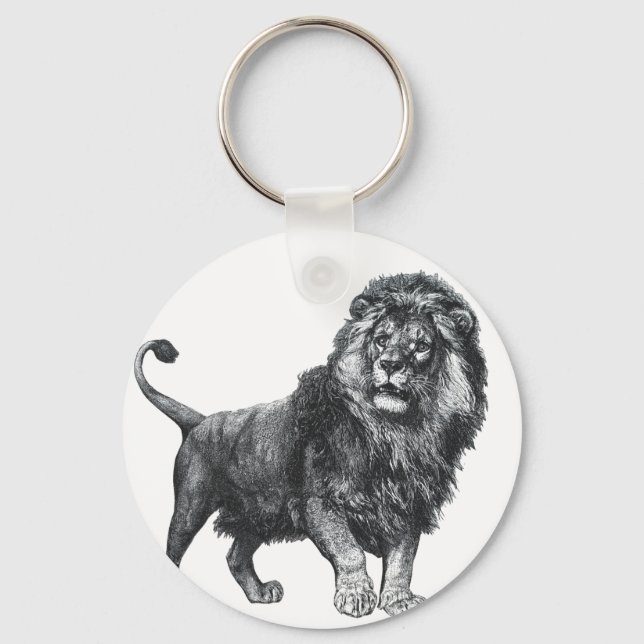 Vintage lion drawing, paw lifted looking left keychain (Front)