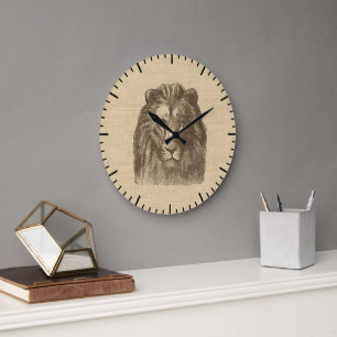 Vintage Lion Illustration on Burlap Large Clock