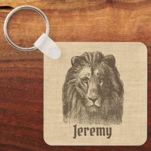 Vintage Lion Illustration on Burlap Personalized Keychain
