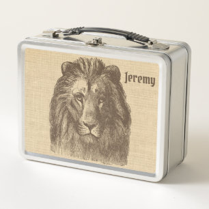 Vintage Lion Illustration on Burlap Personalized Metal Lunch Box
