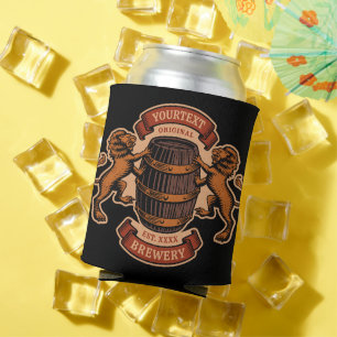 Vintage Lion Oak Barrel Personalized Brewery Beer Can Cooler