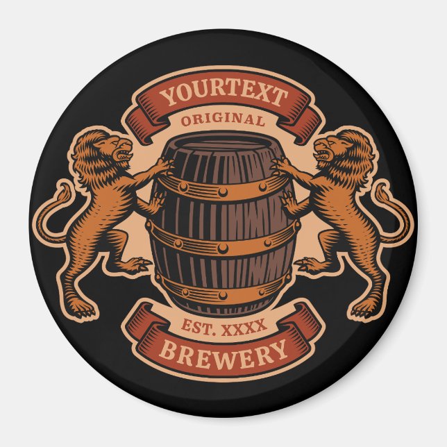 Vintage Lion Oak Barrel Personalized Brewery Beer Magnet (Front)