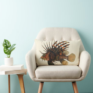 Vintage Lionfish Fish, Marine Ocean Life Animal Lumbar Pillow