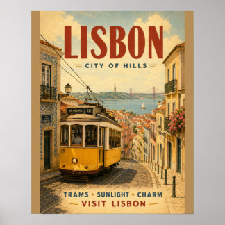 Vintage Lisbon City of Hills Travel Poster with Ic