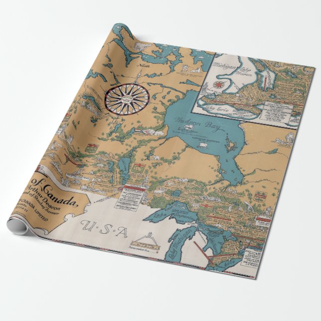 Vintage Literary Map of Canada Wrapping Paper (Unrolled)