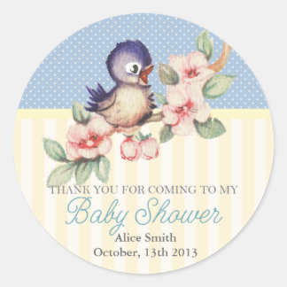 Vintage Little Bird Baby Shower Personalized Favou Classic Round Sticker