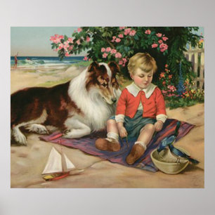 Vintage Little Boy, Collie and Bluebirds Poster
