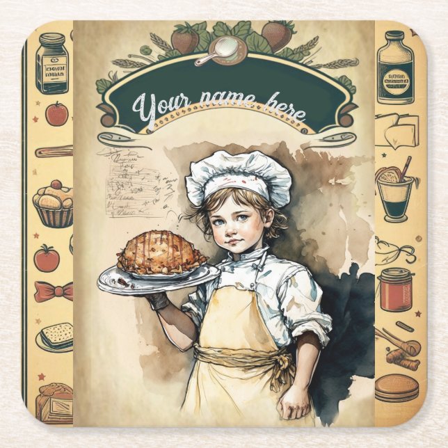 Vintage little cook square paper coaster (Front)