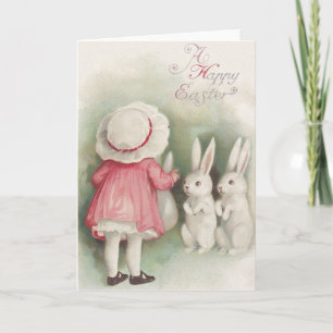 Vintage Little Girl And Easter Bunnies Easter Card