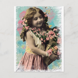 Vintage Little Girl and Flowers Postcard