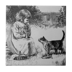 Vintage Little Girl and Kitten Tile