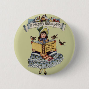 Vintage Little Girl and Xmas Santa Claus Book 2 Inch Round Button