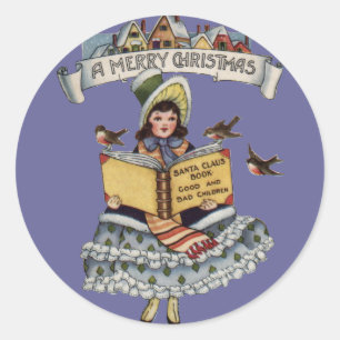 Vintage Little Girl and Xmas Santa Claus Book Classic Round Sticker