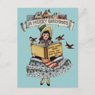 Vintage Little Girl and Xmas Santa Claus Book Holiday Postcard
