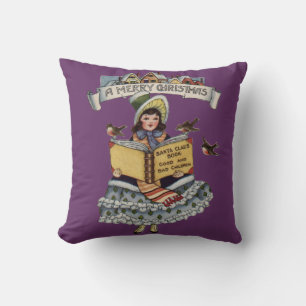 Vintage Little Girl and Xmas Santa Claus Book Throw Pillow