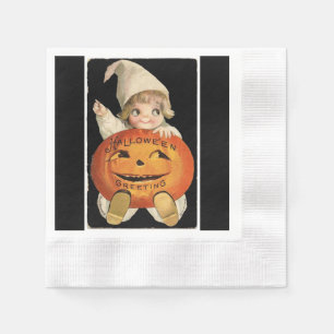 Vintage Little Girl Big Halloween Pumpkin Paper Napkin