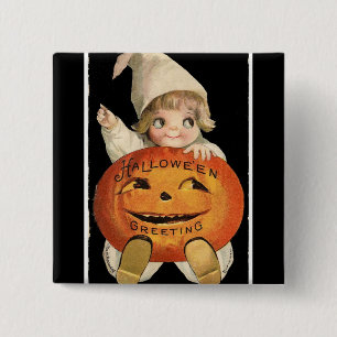 Vintage Little Girl Big Halloween Pumpkin Square 2 Inch Square Button