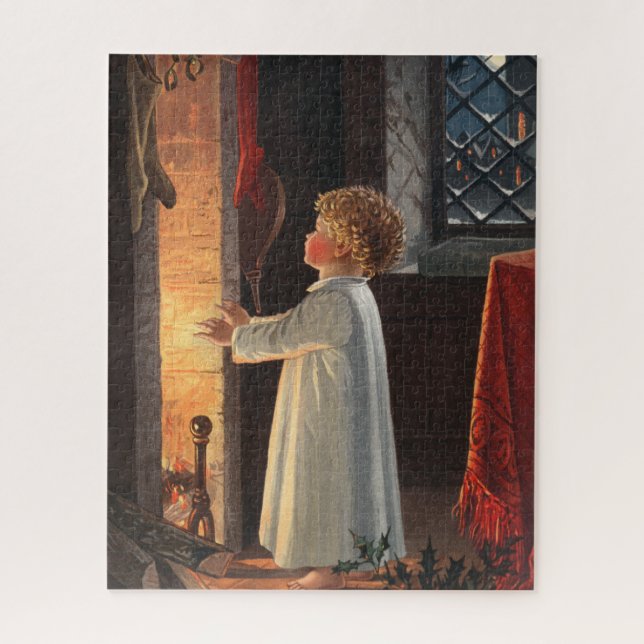 Vintage Little Girl by Fireplace Christmas Jigsaw Puzzle (Vertical)