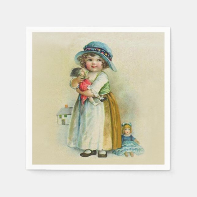 Vintage Little Girl Chubby Cheeks Hat Dolls Napkin (Front)