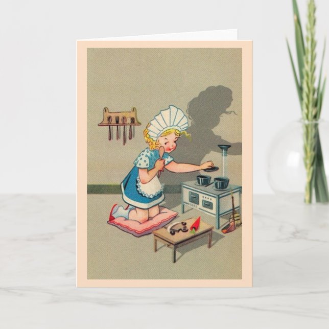 Vintage Little Girl Playing House Note Card (Front)