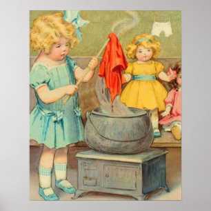 Vintage Little Girl Playing With Dolls Poster