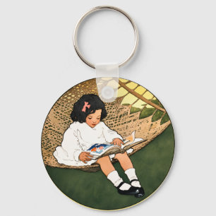 Vintage Little Girl Reading in a Hammock  Keychain