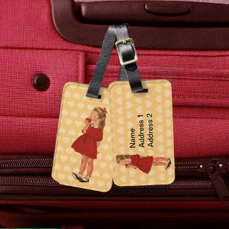 Vintage Little Girl Red Dress Apple Luggage Tag