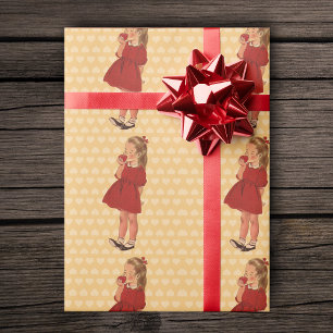 Vintage Little Girl Red Dress Apple Wrapping Paper