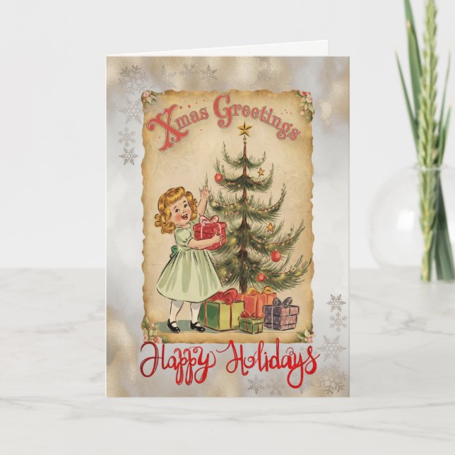 Vintage Little Girl,Tree,Snowflakes  Holiday Card (Front)
