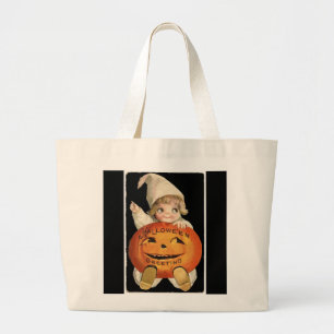 Vintage Little Girl with Big Halloween Pumpkin Large Tote Bag