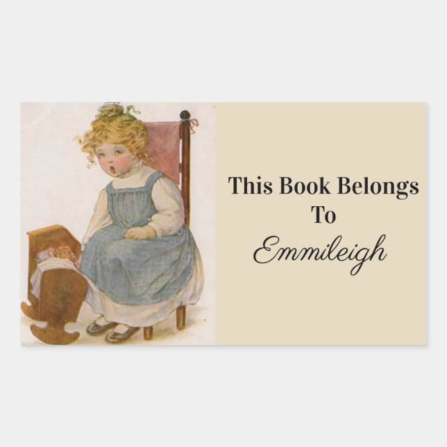 Vintage Little Girl with Doll Bookplate Sticker (Front)