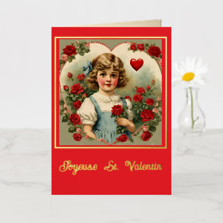 Vintage Little Girl with Roses – French Valentine Foil Greeting Card