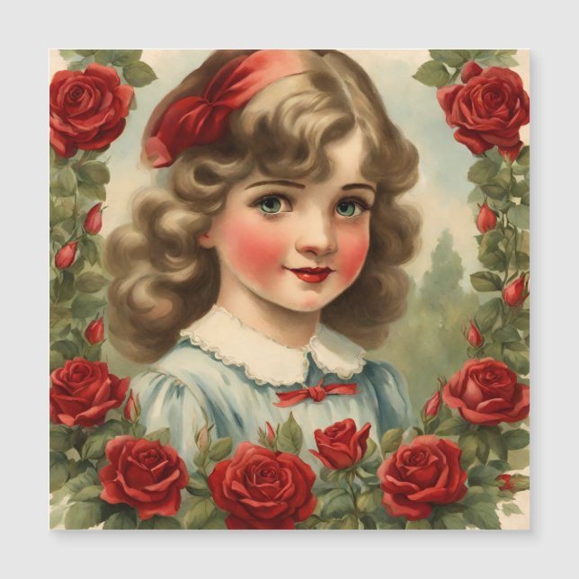 Vintage  little girl  with roses magnetic invitation (Front)