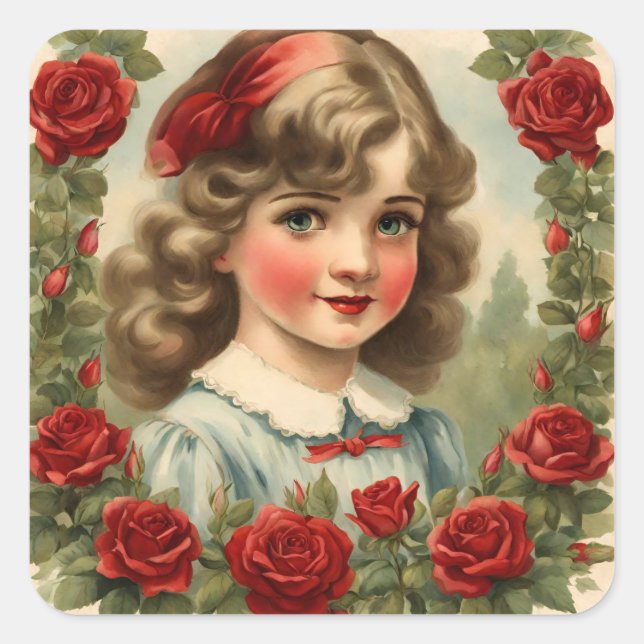 Vintage  little girl  with roses square sticker (Front)