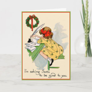 Vintage Little Girl Writing Santa a Letter Card