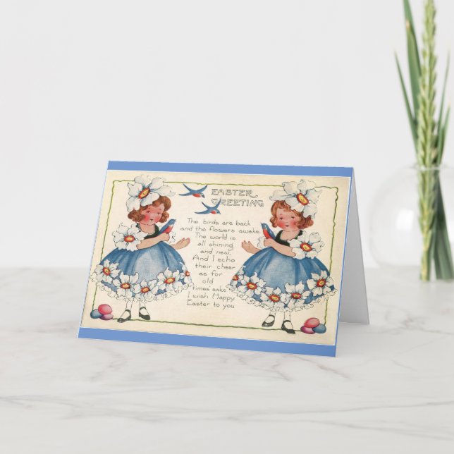 Vintage Little Girls And Birds Holiday Card (Front)