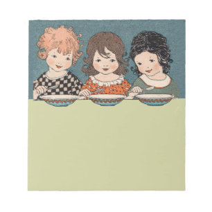 Vintage Little Girls Eating Soup Three Sisters Notepad