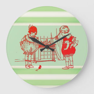 Vintage Little Girls Play with Mouse Large Clock