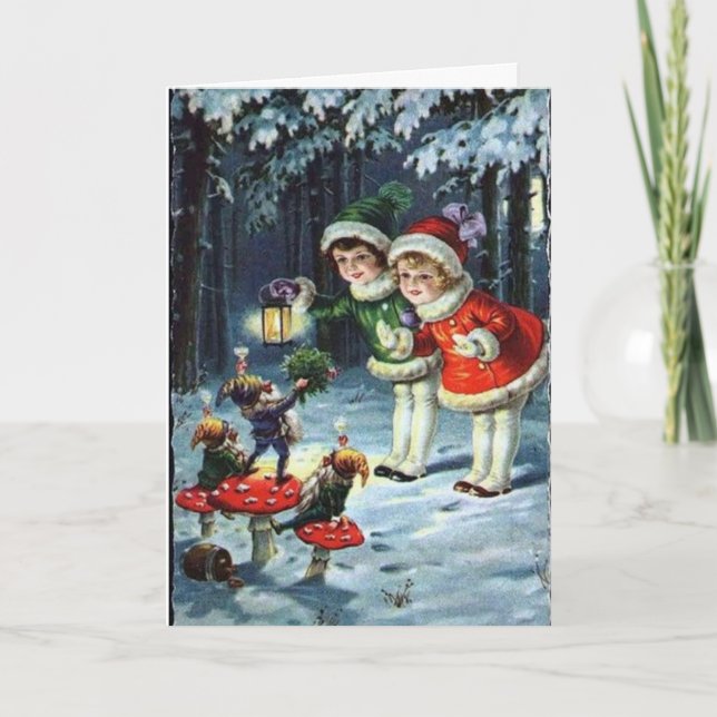 Vintage Little Girls With Christmas Gnomes Card (Front)