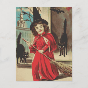 Vintage Little Halloween Witch and Black Cats  Holiday Postcard
