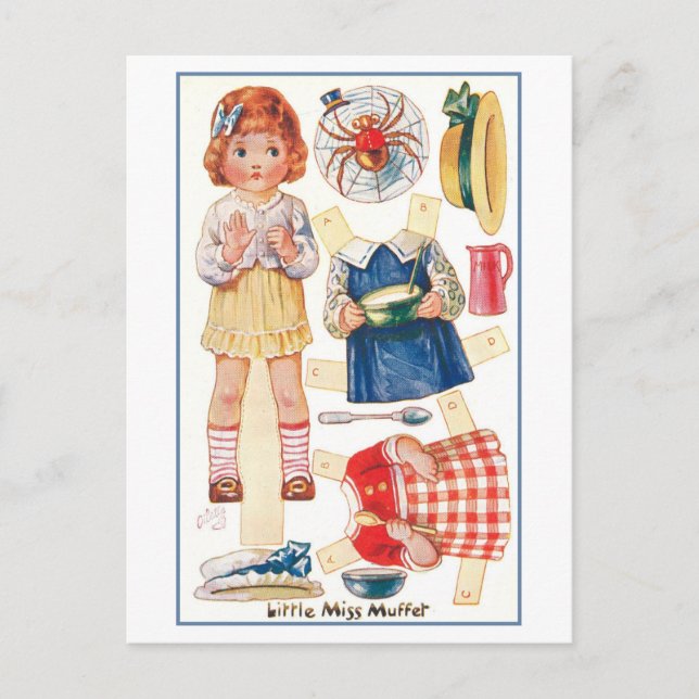 Vintage Little Miss Muffet Paper Doll Postcard (Front)