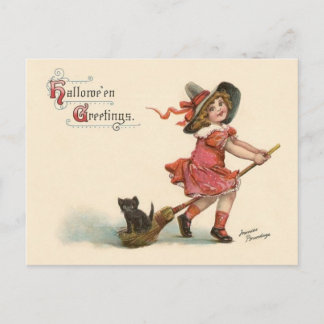 Vintage Little Witch Halloween Greetings Postcard