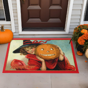 Vintage Little Witch in Red with Jack-O-Lantern Doormat