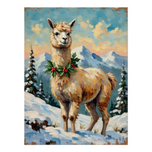 Vintage Llama in Snowy Christmas Meadow Poster